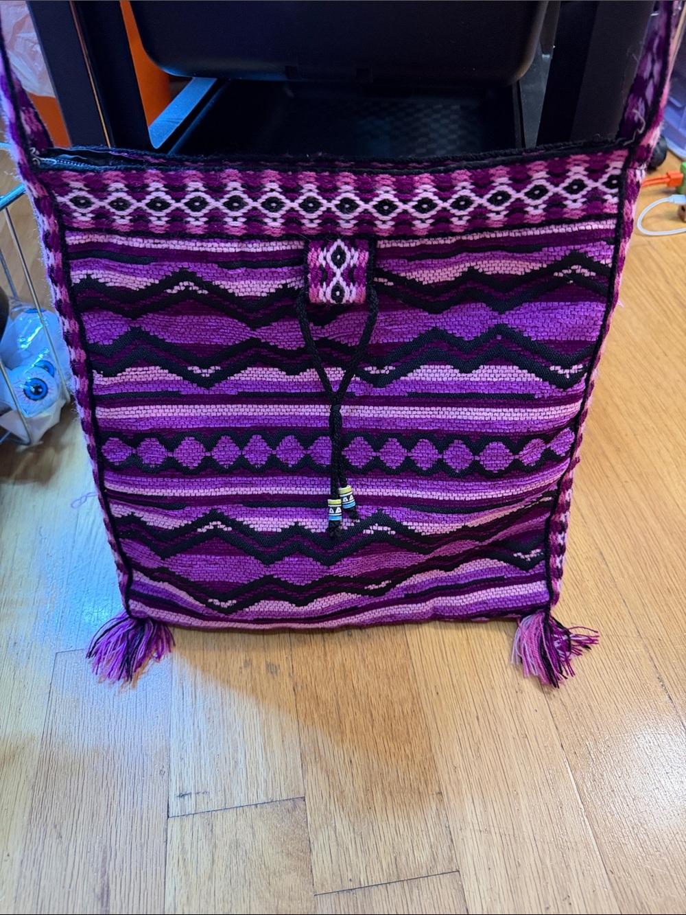 Handwoven Purple Patterned Satchel Bag with Tassels
